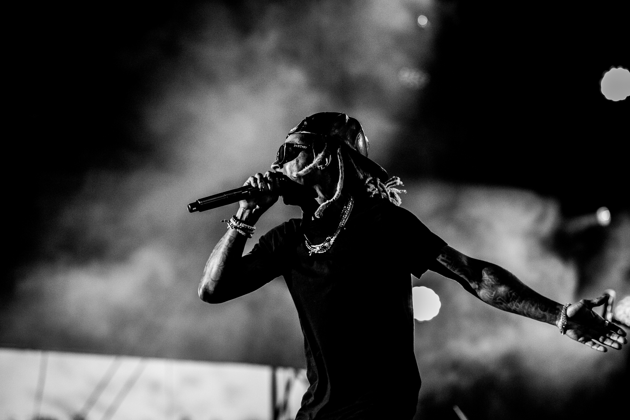Lil Wayne performing at Made in America Festival in Philadelphia black and white concert photo by Ebis Hernandez