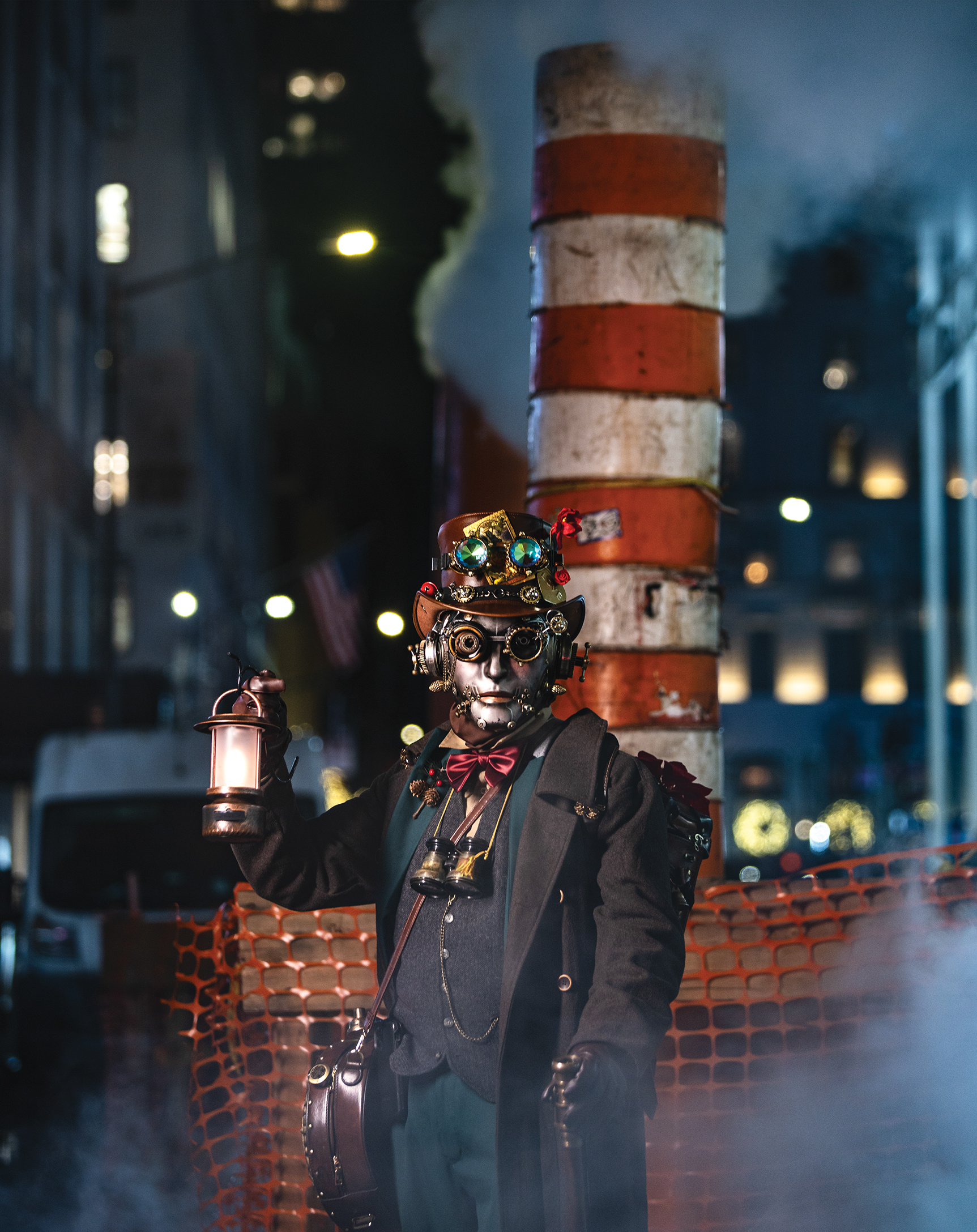Steampunk character standing in a cinematic industrial environment with smoke and warm lighting, part of the Industrial Reverie series by Ebis Hernandez