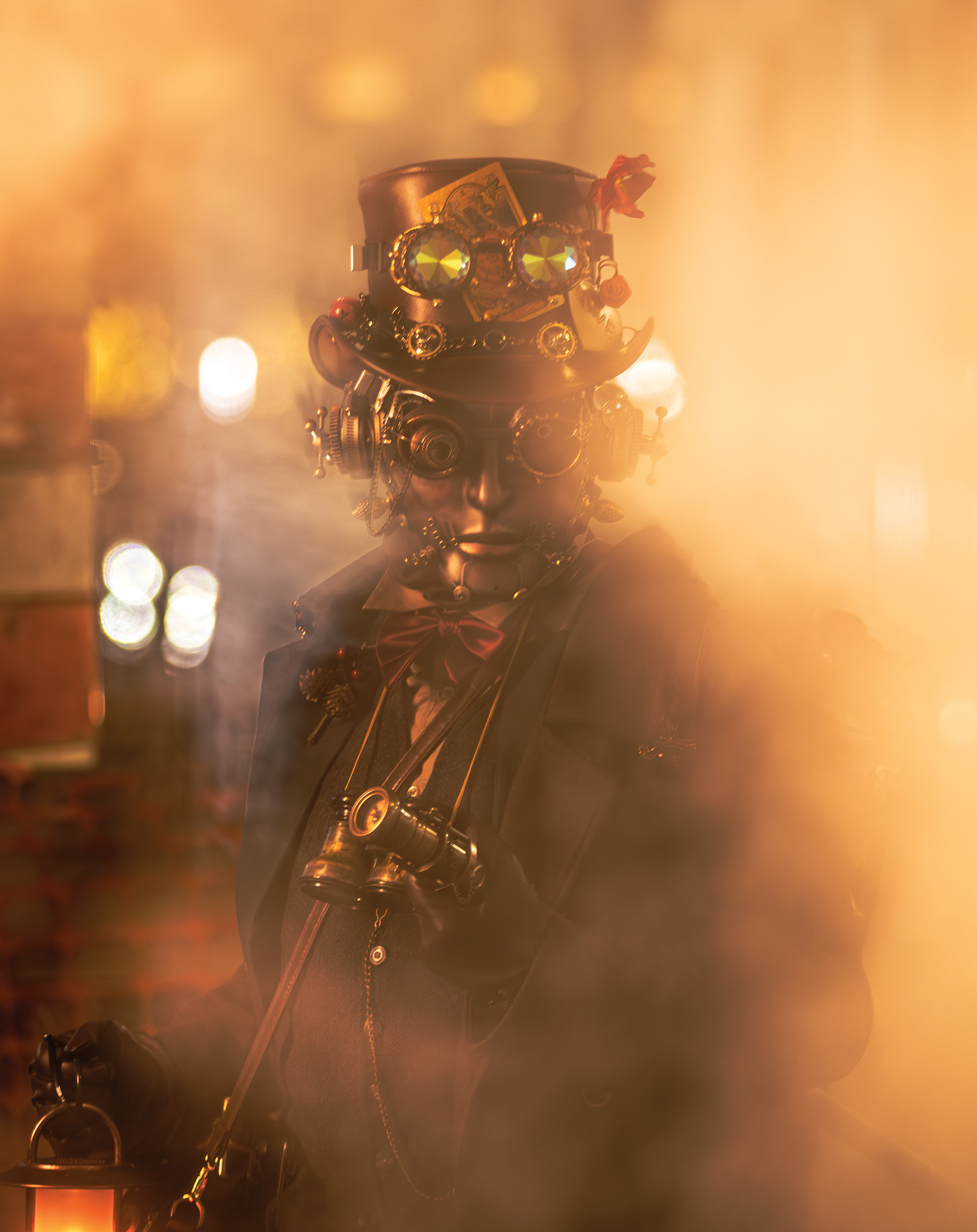 Steampunk figure emerging through dense smoke with dramatic lighting and mechanical costume details, from the Age of Gears series