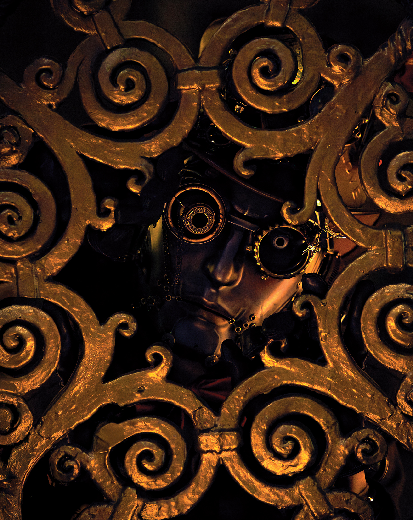 Close-up of ornate mechanical mask with intricate gold textures, part of the Age of Gears series