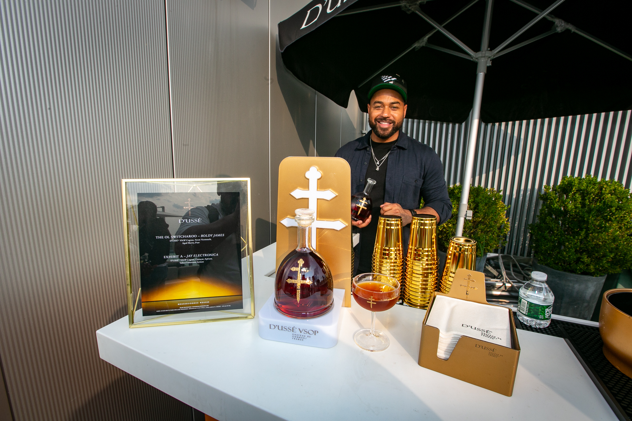 Dusse brand ambassador French Montana at Carte Blanche by Dusse Roc Nation rooftop event photographed by Ebis Hernandez